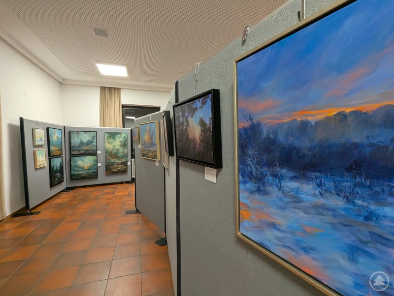 Insgesamt über 250 Gemälde und Holzobjekte waren bei der Straßkirchner Kunstausstellung 2026 zu bestaunen. Hier: Gemälde von Melissa Faltermeier, dem jüngsten Mitglied der Künstlergruppe. 10 Gemälde von Melissa Faltermeier werden auf grauen Ausstellern gezeigt