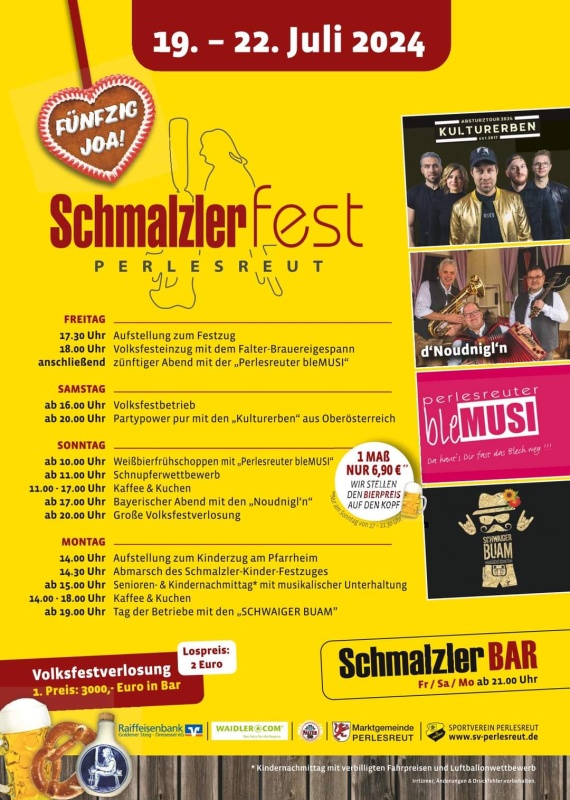 Flyer/Grafik zum Event: Schmalzlerfest Perlesreut 2024 am Fr., 19.07.2024 - Mo., 22.07.2024