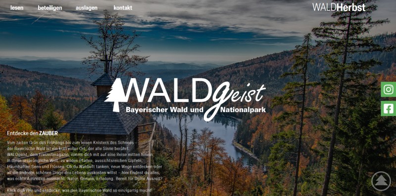 Die neue Homepage des WALDgeist präsentiert sich modern, nutzerfreundlich und voller Inspiration für Freizeit und Natur. Startseite des WALDgeist-Magazins mit Naturpanorama, Waldlandschaft und Logo „Bayerischer Wald und Nationalpark“.