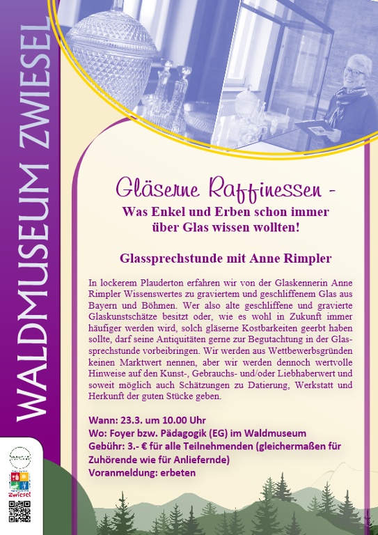 Flyer/Grafik zum Event: Gläserne Raffinessen - Glassprechstunde mit Anne Rimpler am Sa., 23.03.2024 - Sa., 15.06.2024 von 10:00 bis 12:00 Uhr