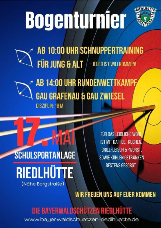 Flyer/Grafik zum Event: Bogenturnier mit Schnuppertraining am Sa., 17.05.2025 von 10:00 bis 18:00 Uhr