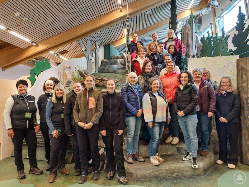 20 Lehrer und Erzieher der Nationalparkschulen und Kindergärten nahmen das Fortbildungsangebot des Nationalparks Bayerischer Wald gerne an. Eine Gruppe von Lehrerinnen und Erzieherinnen steht auf einer Holztreppe im Hans-Eisenmann-Haus und lächelt in die Kamera. Die Umgebung ist thematisch als Waldlandschaft gestaltet.