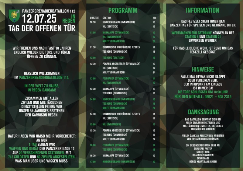 Programmübersicht für den Tag der offenen Tür am 12.07.2025 beim Panzergrenadierbataillon 112 in Regen. Es werden verschiedene Stationen und dynamische Vorführungen (u.a. Nahkampf, Technik, Meldefahrzeuge, Abseilen, Feldjägerdiensthundeschau) über den Tag hinweg angekündigt. Beginn ist um 11:30 Uhr, das Programm läuft bis ca. 17:00 Uhr.