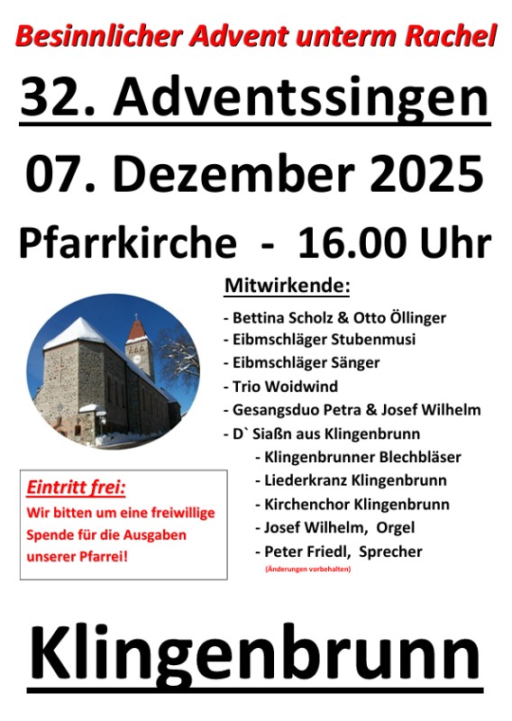 Flyer/Grafik zum Event: 32. Adventssingen in Klingenbrunn am So., 07.12.2025 von 16:00 bis 17:30 Uhr