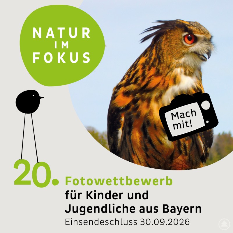 Ein Uhu mit auff&auml;lligen orangefarbenen Augen sitzt im Profil, daneben grafische Elemente und der Schriftzug Natur im Fokus sowie ein Hinweis zum Fotowettbewerb.
