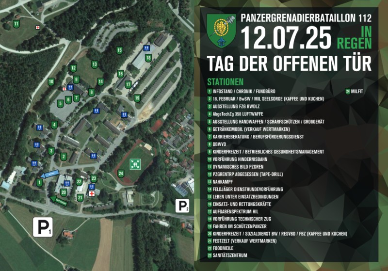 Am 12. Juli 2025 lädt das Panzergrenadierbataillon 112 in Regen zum Tag der offenen Tür ein. Auf dem weitläufigen Kasernengelände erwartet die Besucher ein abwechslungsreiches Programm mit insgesamt 24 Stationen. Dazu zählen unter anderem Informationsstände zur Geschichte des Bataillons, Ausstellungen von Bundeswehr-Fahrzeugen und Großgerät der Luftwaffe sowie Vorführungen im Bereich Nahkampf, Hindernisbahn und technischer Zug. Wer sich für eine Karriere bei der Bundeswehr interessiert, findet Beratungsangebote ebenso wie eine Vorstellung des Berufsförderungsdienstes. Für das leibliche Wohl sorgen ein Festzelt, eine Foodmeile sowie ein Getränkestand, während auch an die Kinder mit betreuten Freizeitangeboten gedacht ist. Besondere Highlights sind die Vorführungen mit dem Schützenpanzer und der Auftritt der Feldjäger mit ihrer Diensthundestaffel. Zwei große Parkflächen (P1 und P2) stehen den Besuchern zur Verfügung. Eine übersichtliche Karte auf dem Gelände weist den Weg zu allen Stationen und sorgt für eine gute Orientierung während des Veranstaltungstages.