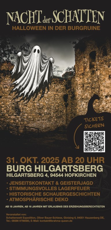 Flyer/Grafik zum Event: Geisterjagd auf Burg Hilgartsberg – Paranormale Halloween-Nacht in Hofkirchen am Fr., 31.10.2025 ab 20:00 Uhr