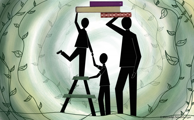 Die Grafik von Mercedes Seisenberger ziert das Bistumsrahmenhandbuch. Es symbolisiert mit dem Rankwerk das gemeinsame Wachsen und Zusammenwachsen von Kindern und Erwachsenen und die Einbindung einer Kita in eine Pfarrei.