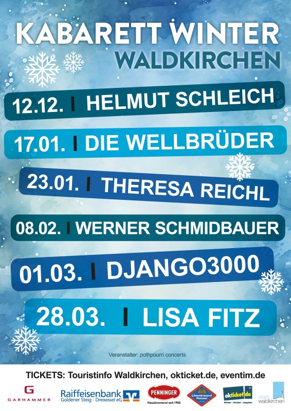 Flyer/Grafik zum Event: Kabarett Winter Waldkirchen mit Musik am Do., 12.12.2024 - Fr., 28.03.2025