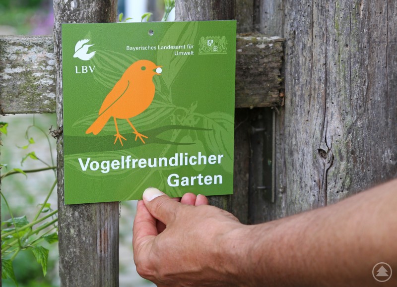 Hand befestigt eine gr&uuml;ne Plakette Vogelfreundlicher Garten an einem Holzzaun