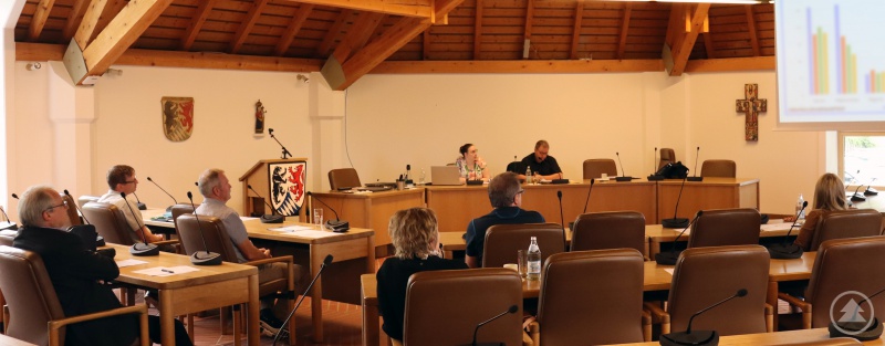 Die Teilnehmer des Treffens werden von der Projektkoordinatorin Laura Poost und dem zuständigen Sachgebietsleiter Karl Matschiner über die aktuelle Fallzahlentwicklung informiert.