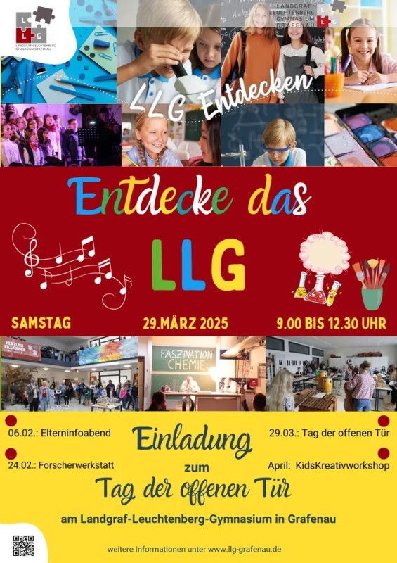 Flyer/Grafik zum Event: Tag der offenen Tür am LLG am Sa., 29.03.2025 von 09:00 bis 12:30 Uhr