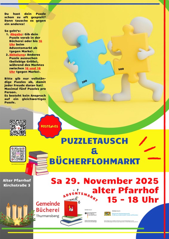 Flyer/Grafik zum Event: Puzzletausch der Gemeindebücherei am Sa., 29.11.2025 von 15:00 bis 18:00 Uhr