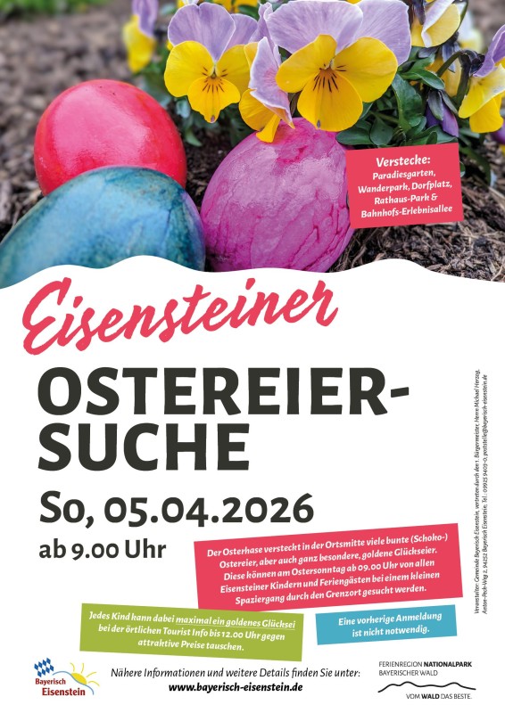 Flyer/Grafik zum Event: Große Ostereiersuche in Bayerisch Eisenstein am So., 05.04.2026 von 09:00 bis 12:00 Uhr