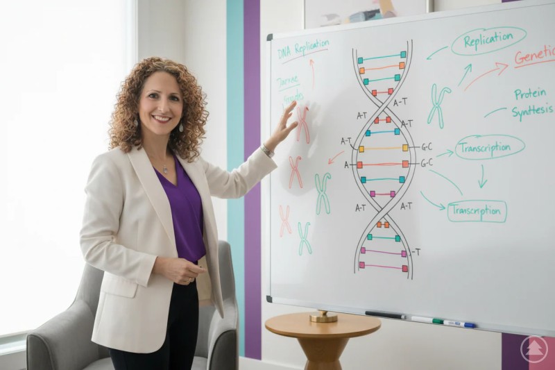 Dr. Ghazaleh Nematollahi Ghazaleh mit weißem Doktorkittel vor einer weißen Schautafel, auf der die DNA abgebildet und erklärt wird