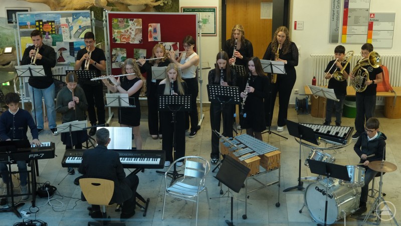 Das Schulorchester begeistert mit gemeinsamen Auftritten beim Kammerkonzert. Ein Schulorchester mit verschiedenen Instrumenten spielt gemeinsam unter der Leitung eines Dirigenten.