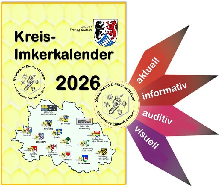 Der Kreis-Imkerkalender 2026 des Imkervereins Ringelai bietet aktuelle Informationen per QR-Code. Ein farbig gestalteter Kalender des Imkervereins Ringelai mit QR-Codes auf den Seiten, die zu aktuellen Online-Informationen rund um die Imkerei führen.