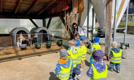 Kindergartenkinder entdecken Bauernhof und K&auml;lberkrippe in Sch&ouml;nberg