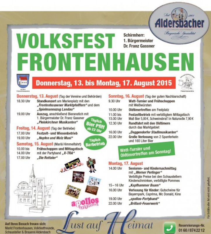 Flyer/Grafik zum Event: Volksfest Frontenhausen am Sa., 13.08.2016 - Mi., 17.08.2016