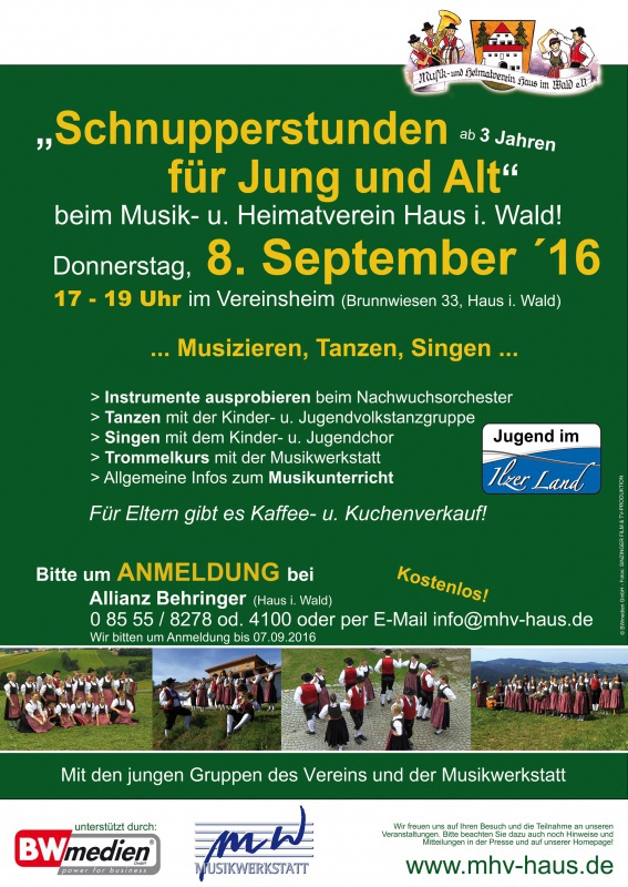 Flyer/Grafik zum Event: Schnupperstunden für Jung und Alt am Do., 08.09.2016 von 17:00 bis 19:00 Uhr