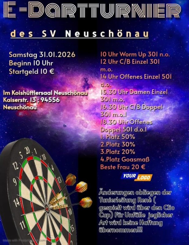 Flyer/Grafik zum Event: E-Dartturnier am Sa., 31.01.2026 von 10:00 bis 21:00 Uhr