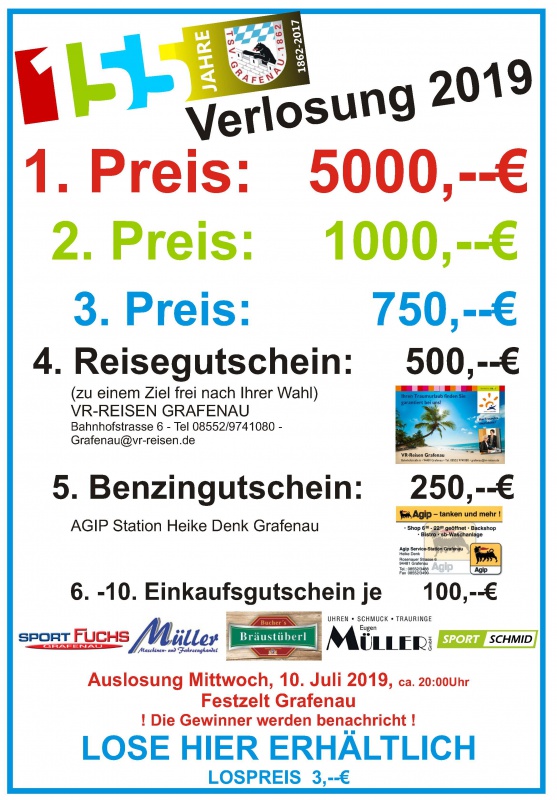Flyer/Grafik zum Event: Verlosung 2019 - Volksfest Grafenau am Mi., 10.07.2019 von 20:00 bis 21:00 Uhr