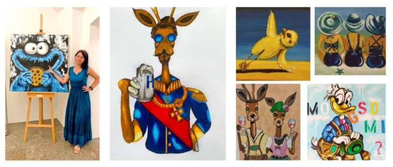 Witzig, bunt und bayerisch - Nicole Forsters Werke spiegeln ihren Humor wieder Verschiedene Kunstwerke der Künstlerin als Collage, darunter ein Bild von König Ludwig als Rehbock mit einem Maßkrug Bier und ein Küken in einer Yogaposition.