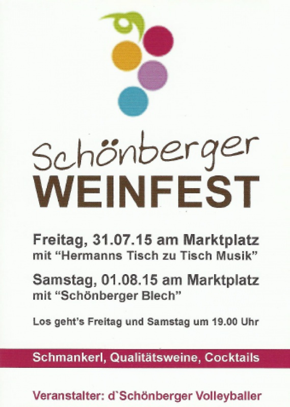 Flyer/Grafik zum Event: Schönberger Weinfest am Fr., 31.07.2015 - Sa., 01.08.2015 ab 19:00 Uhr