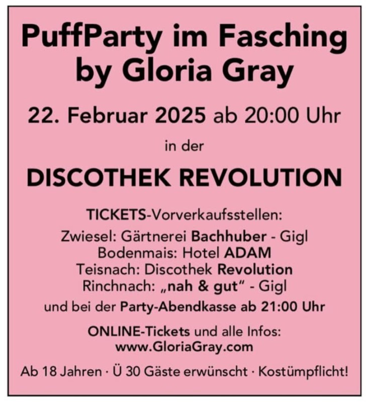 Flyer/Grafik zum Event: PuffParty im Fasching by Gloria Gray am Sa., 22.02.2025 ab 20:00 Uhr