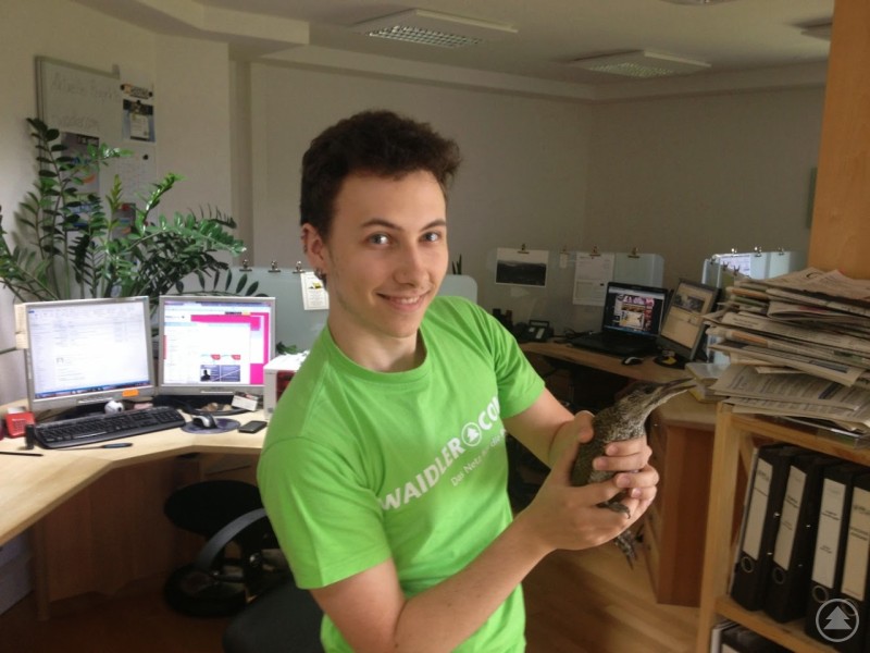Benjamin Hartl im Büro der BWmedien GmbH, lächelnd und einen Vogel in den Händen haltend.
