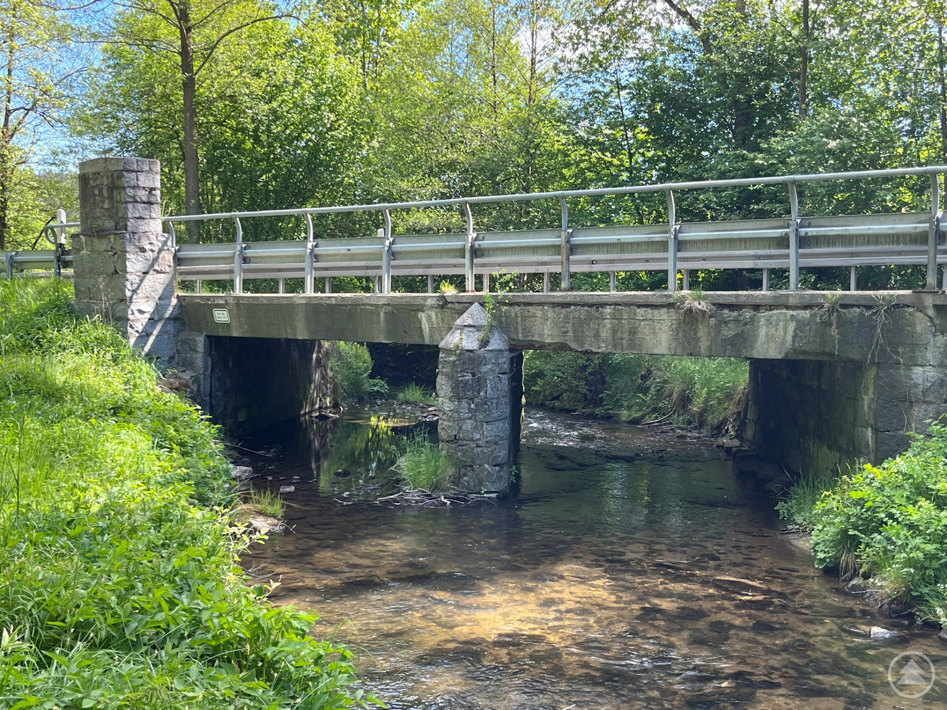Eine alte Steinbrücke mit Geländer über einen Bach, umgeben von dichter Vegetation. Die Brücke zeigt sichtbare Alterserscheinungen.