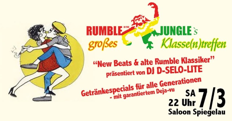 Flyer/Grafik zum Event: Rumble in the Jungle Klasse(n)treffen im Saloon Spiegelau am Sa., 07.03.2026 ab 22:00 Uhr