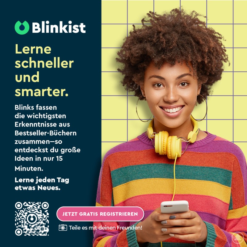 Lerne schneller und smarter mit Blinkist Junge Frau mit Kopfhörern schaut auf ihr Smartphone vor farbigem Hintergrund mit Blinkist Werbung