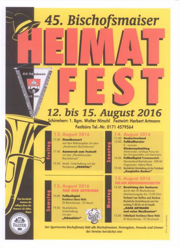 Flyer/Grafik zum Event: 45. Bischofsmaiser Heimatfest am Fr., 12.08.2016 - Mo., 15.08.2016