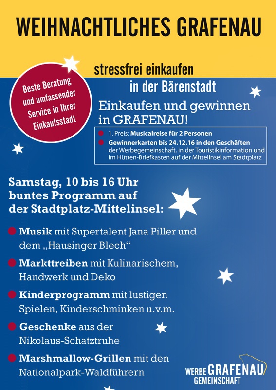 Flyer/Grafik zum Event: Einkaufen und Gewinnen in Grafenau am Sa., 17.12.2016 von 10:00 bis 16:00 Uhr