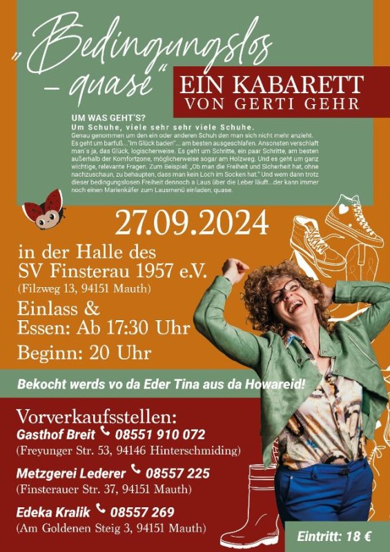 Flyer/Grafik zum Event: Kabarett: Gerti Gehr am Fr., 27.09.2024 von 17:30 bis 22:00 Uhr