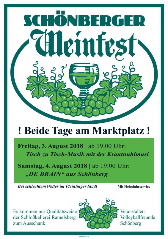 Flyer/Grafik zum Event: Schönberger Weinfest am Fr., 03.08.2018 - Sa., 04.08.2018 ab 19:00 Uhr