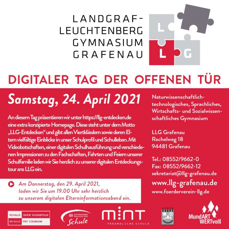 Flyer/Grafik zum Event: Tag der offenen Tür am LLG am Sa., 24.04.2021