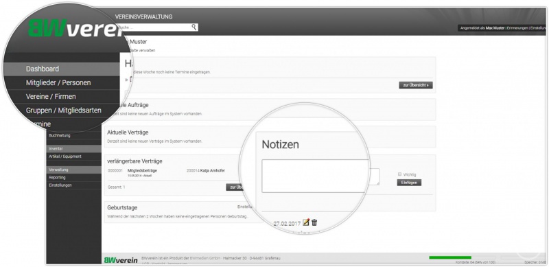 Das Dashboard ist die Übersicht des Vereins