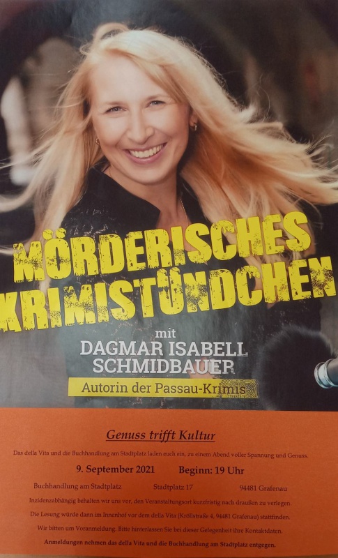 Flyer/Grafik zum Event: Lesung: Mörderisches Krimistündchen mit Autorin Dagmar Isabell Schmidbauer am Do., 09.09.2021 ab 19:00 Uhr