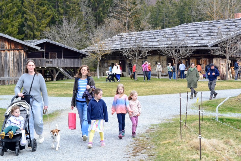 viel Betrieb auf dem Gelände des Museums Das Bild zeigt eine fröhliche Szene beim Eiermarkt 2025 in ländlicher Umgebung, vermutlich in einem Freilichtmuseum. Familien mit Kindern spazieren gemütlich über einen geschotterten Weg, vorbei an historischen Holzhäusern und Ständen mit kunsthandwerklichen Produkten. Im Vordergrund laufen vier Kinder gemeinsam mit zwei Frauen, eine davon schiebt einen Kinderwagen und führt einen kleinen Hund an der Leine. Im Hintergrund schlendern weitere Besucherinnen und Besucher zwischen den Ausstellungsstücken und Marktständen. Die Atmosphäre ist entspannt und lebendig – ein typischer Frühjahrsmarkt, der Jung und Alt zusammenbringt.