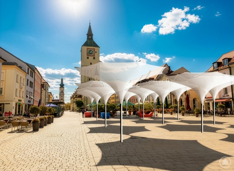 Fotomontage einer Idee für Sonnenschirme am Oberen Stadtplatz Auf dem Oberen Stadtplatz in Deggendorf sind moderne, tulpenförmige Sonnenschirme zu sehen, die Schatten auf das Pflaster werfen. Im Hintergrund ragt der Stadtturm mit Uhr über die Häuserzeile, die Sonne scheint am klaren blauen Himmel.