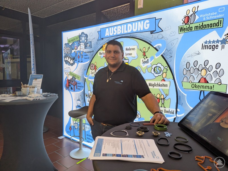 Wallstabe & Schneider setzte ebenfalls auf die gelungene Mischung aus multimedialen Inhalten, Aktionen zum Ausprobieren und natürlich den persönlichen Kontakt. Messestand Wallstabe & Schneider bei der Jobmesse Deggendorf 2025