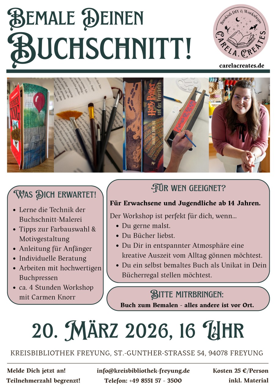 Flyer/Grafik zum Event: Buchschnitt bemalen für Anfänger - kreativer Workshop am Fr., 20.03.2026 ab 16:00 Uhr