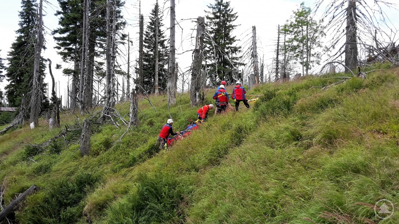Bergretter und Verletzte werden mit Hilfe eines Flaschenzuges nach oben gezogen