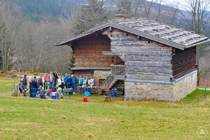 Zuschauer beim Raku Brand Das Bild zeigt eine ländliche Szene im Freilichtmuseum mit einem historischen Holzhaus auf gemauertem Sockel im Vordergrund. Davor hat sich eine Gruppe von Menschen versammelt – sie stehen um Biertische, an denen offensichtlich Vorführungen oder Mitmachaktionen stattfinden. Kinder und Erwachsene beobachten interessiert das Geschehen, einige sitzen, andere stehen entspannt in Gespräche vertieft. Im Hintergrund rahmen kahle Bäume und bewaldete Hügel das Bild ein. Die Atmosphäre ist ruhig und gesellig – typisch für einen traditionellen Markttag wie den Eiermarkt 2025, bei dem Handwerk, Begegnung und Natur im Mittelpunkt stehen.