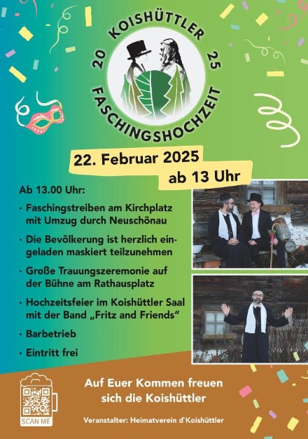 Flyer/Grafik zum Event: Koishüttler Faschingshochzeit am Sa., 22.02.2025 ab 13:00 Uhr