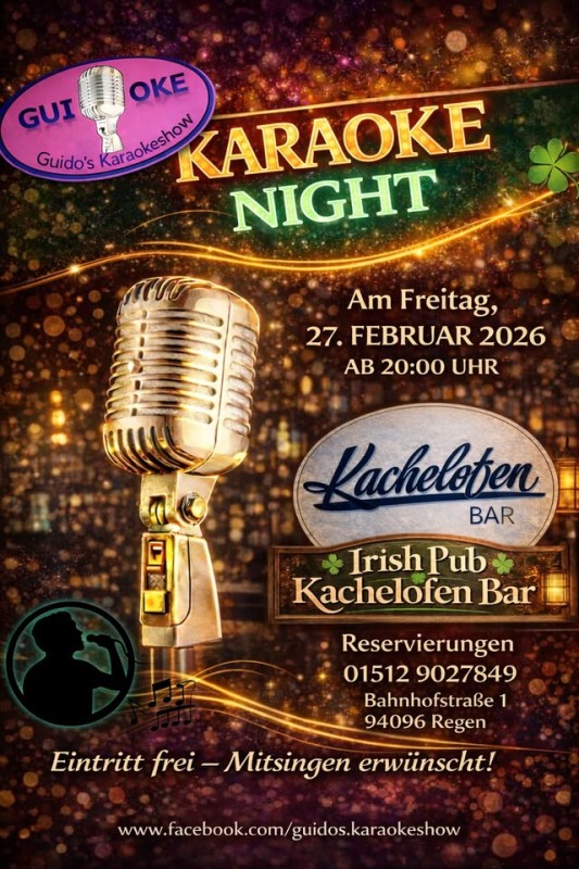 Flyer/Grafik zum Event: Karaoke Night in der Kachelofen Bar Regen am Fr., 27.02.2026 ab 20:00 Uhr