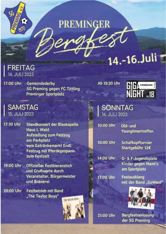 Flyer/Grafik zum Event: Preminger Bergfest 2023 am Fr., 14.07.2023 - So., 16.07.2023