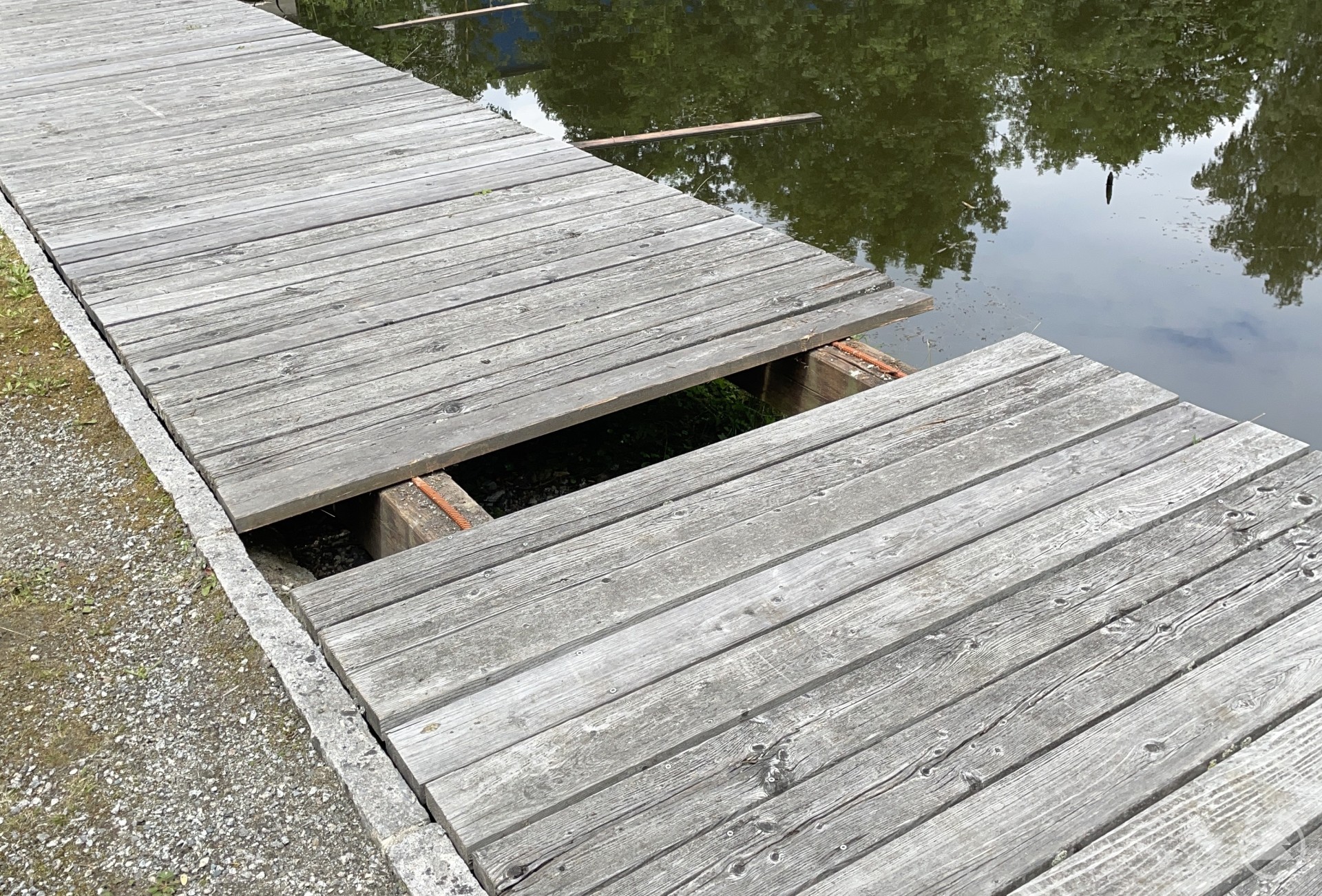 Ein hölzerner Steg an einem Teich mit deutlich sichtbarer Lücke, wo Bretter herausgerissen wurden.
